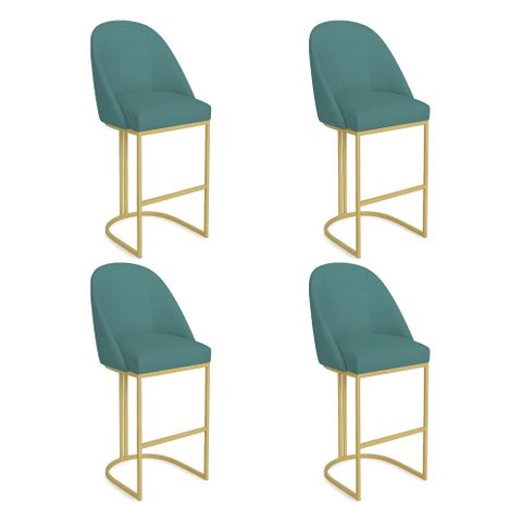 Kit 04 Banquetas Altas Bela Suede Azul Turquesa Base Metálica Industrial Dourado - Pallazio