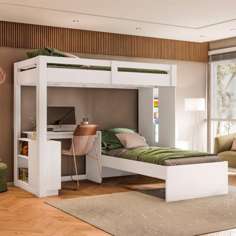 Beliche em L com Escrivaninha para Colchão 88x188cm Multimóveis Crrui-CAM008 Branco