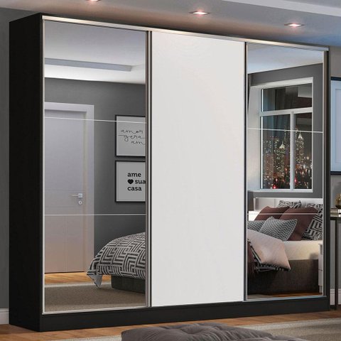 Guarda Roupa Casal 100% Mdf Madesa Zurique 3 Portas de Correr com Espelhos - Preto/branco