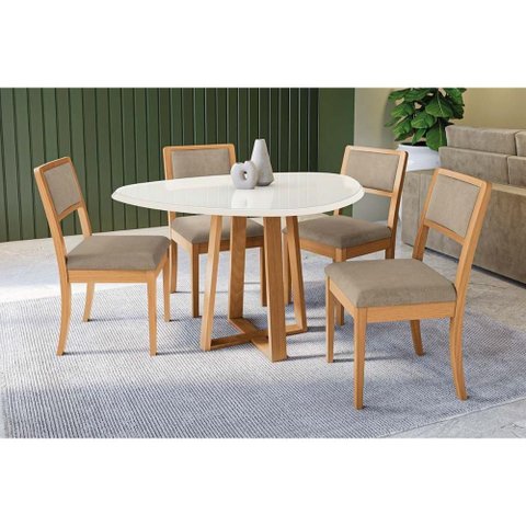 Conjunto Mesa Elma Premium Madeira Maciça C/ Tampo Madeirado C/ Vidro 135x105cm e 4 Cadeiras Alice