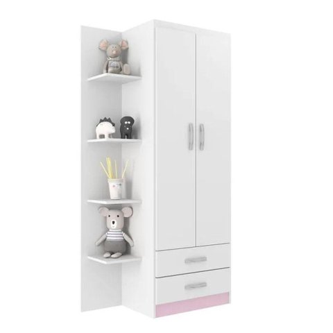 Guarda-roupa Infantil Atalaia 2 Portas 2 Gavetas com 4 Prateleiras Externas - Branco - Rosa Branco