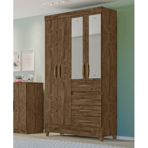 Guarda Roupa Solteiro Moval Sobral Castanho Wood 4 Portas 4 Gavetas c/ Espelho