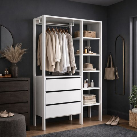 Closet Branco Gavetas Divisórias Prateleiras Armário Roupas Aberto