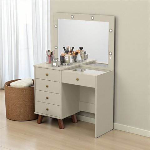 Penteadeira Camarim Mel 100% MDF 5 Gavetas -LED- Espelho - Colmeia Maquiagem -Off-White -Patrimar