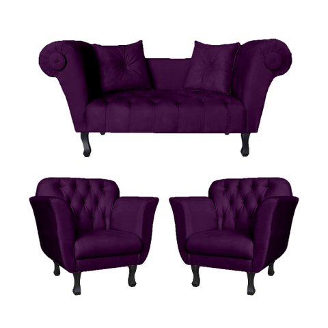 Kit Divã Recamier Daisy + 2 Poltronas para Sala e Recepção:roxo