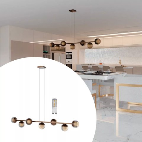 Pendente Lustre de Teto Jabuticaba Bronze com 7 Globos Vidro Âmbar com Lâmpadas Branco Quente