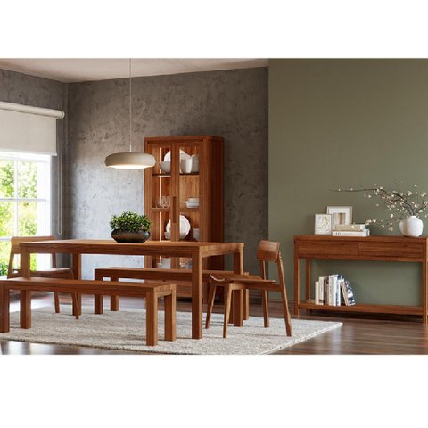 Conjunto Sala Jantar Nature: Cristaleira, Aparador, Mesa, Banco e Cadeiras Rústico Escuro Madeira Pi