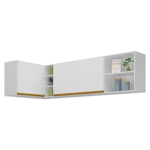Kit Armário de Cozinha Aéreo Canto 90cm e Aéreo 150cm Veneza Multimóveis Mp2149 Branco/dourado