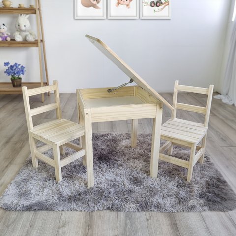 Mesa Infantil Baú de Madeira com 2 Cadeira Infantil de Madeira de Pinus sem Pintura