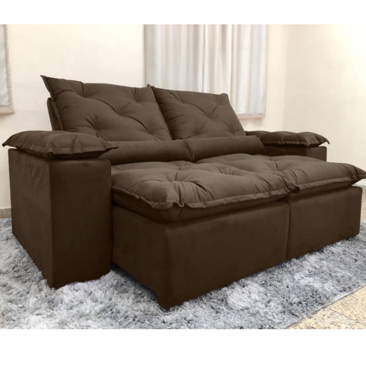 Sofa Reclinavel Retratil Design Elegante Athena 2,30m Veludo Cor:Marrom - 5