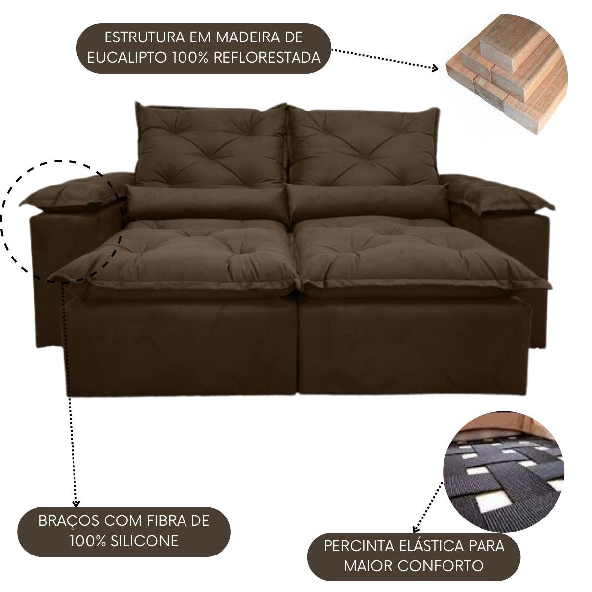 Sofa Reclinavel Retratil Design Elegante Athena 2,30m Veludo Cor:Marrom - 3