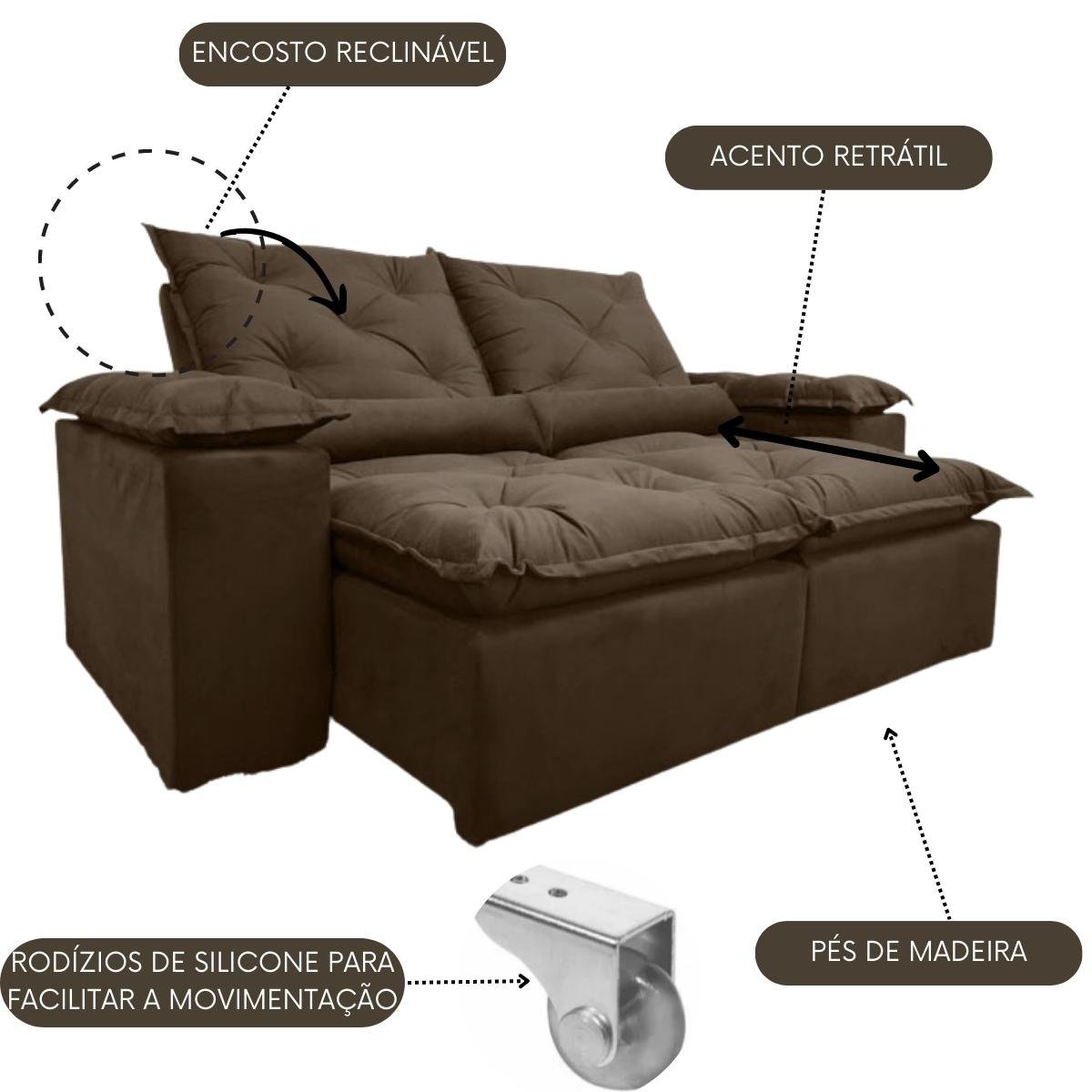 Sofa Reclinavel Retratil Design Elegante Athena 2,30m Veludo Cor:Marrom - 2