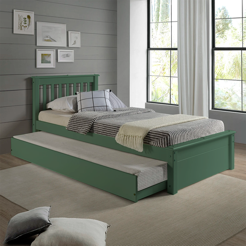 Conjunto Cama Solteiro Inglesa com Cama Auxiliar em Madeira Maciça Verde