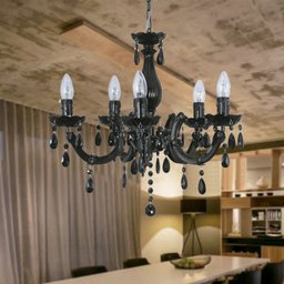 Lustre Candelabro 5 Braços Preto Pendente Cristal Acrílico Lm1912 - ELuminárias - 1