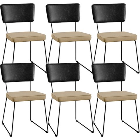 Kit 06 Cadeiras Decorativas Sala Jantar Allana L02 Couríssimo Preto Linho Bege Escuro - Lyam Decor