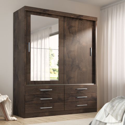 Guarda-Roupa Solteiro 2 Portas 6 Gavetas com Espelho Capri