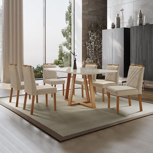 Conjunto Sala de Jantar Mesa Florença Madeira Maciça 160x90cm Tampo Retângular Vidro Off White com 6
