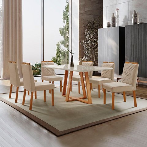 Conjunto Sala de Jantar Mesa Florença Madeira Maciça 160x90cm Tampo Retângular Vidro Off White com 6
