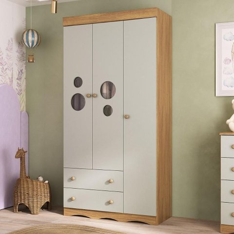 Guarda-roupa Infantil 92cm com Vidro 3 Portas e 2 Gavetas Sonho Multimóveis Mp4472 Madeirado/off