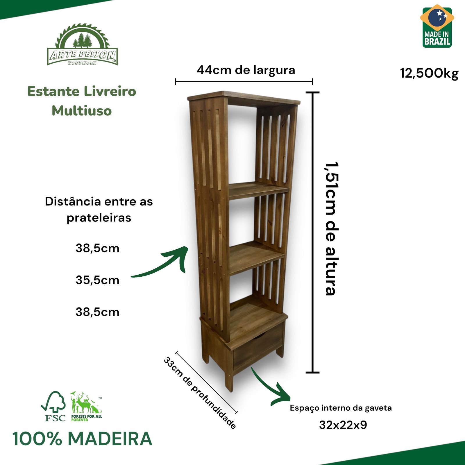 Estante Multiuso Livreiro 100% Madeira com Gaveta Castanho Prateleira Organizador Arte Design Wood - 2