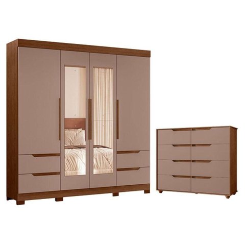 Guarda Roupa Solteiro Vivacce 4 Portas de Bater com Espelho e Cômoda 8 Gavetas Nogueira Capuccino