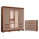 Ver imagem 1 de Guarda Roupa Solteiro Vivacce 4 Portas de Bater com Espelho e Cômoda 8 Gavetas Nogueira Capuccino