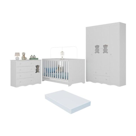Quarto de Bebê Completo com Berço Americano 3 em 1 Colchão Doçura Multimóveis Mp4662 Branco