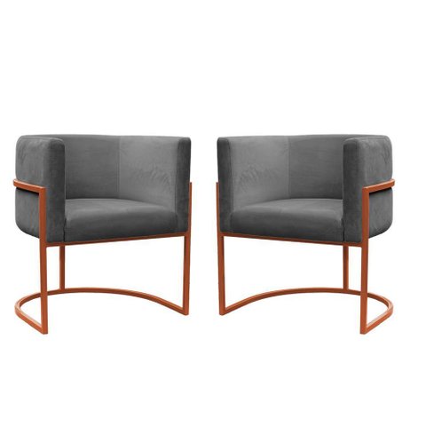 Kit 2 Poltrona Reforçadas Decorativa Sala de Estar Carla Base Ferro Bronze Suede Cor Cinza