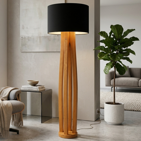 Luminária de Chão Piso Madeira Maciça Cúpula de Tecido Harmonia para Sala e Quarto:Preto
