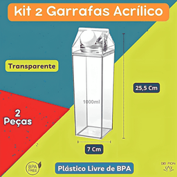 Kit 2 Garrafas em Acrílico Transparente 1l Cada Multiuso sem Bpa Tipo Caixa Leite Suco Agua C/ Tampa - 4
