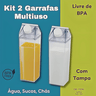 Kit 2 Garrafas em Acrílico Transparente 1l Cada Multiuso sem Bpa Tipo Caixa Leite Suco Agua C/ Tampa - 6