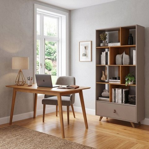 Conjunto Home Office 2 Peças Escrivaninha MDF Pés em Madeira Maciça 80cm e Estante Marrom