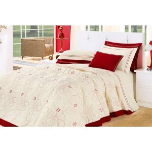 Colcha / Cobre Leito Cama Queen 150 Fios em Palha com Vermelho com 05 Peças - Cobre Leito Belle