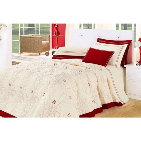 Colcha / Cobre Leito Cama Queen 150 Fios em Palha com Vermelho com 05 Peças - Cobre Leito Belle