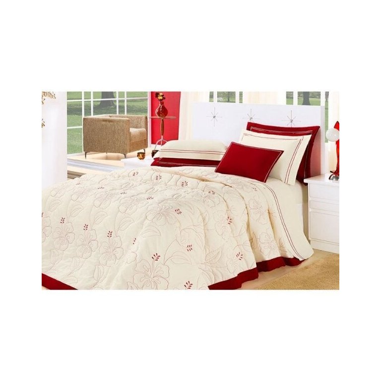 Colcha / Cobre Leito Cama Queen 150 Fios em Palha com Vermelho com 05 Peças - Cobre Leito Belle Colcha / Cobre Leito Cama Queen 150 Fios em Palha com Vermelho com 05 Peças - Cobre Leito Belle