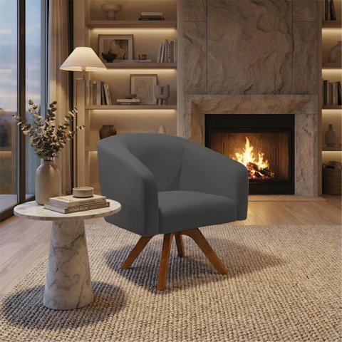 Poltrona Sala Decorativa Stella Base de Madeira Giratória Mm30 Sintético Grafite D03 - D’Rossi