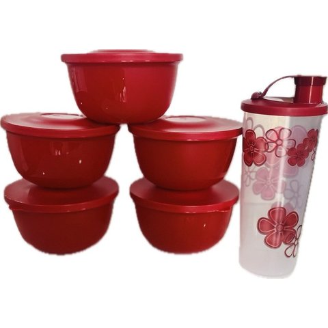 Tupperware Kit 6 Peças Copo com Bico 470ml e Potinhos 400ml Vermelho Kit 6 Peças Copo com Bico 470ml