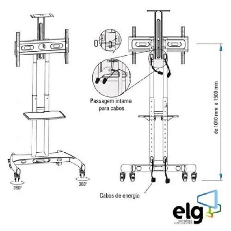 Suporte Móvel Pedestal de Chão com Rodas, Bandeja e Altura Regulável para TVs LCD/Led/Plasma/3D de 3 - 4