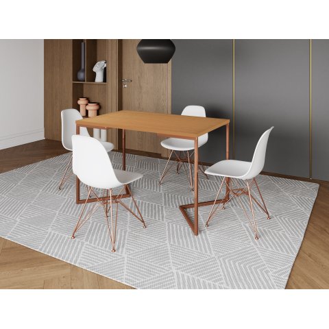 Mesa Industrial Base Ferro Cobre em  V  Tampo 137x90 Canela 4 Cadeiras Eames Assento Branco Ferro Co