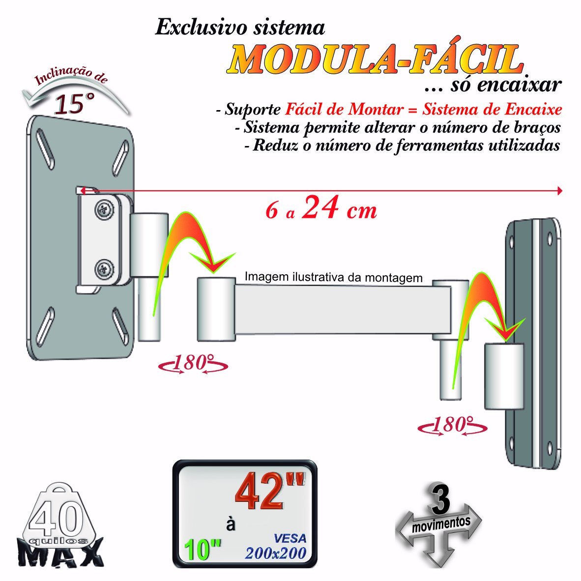 Suporte Tv 10" a 42" Vesa 200x200 3 Movimentos - Branco - 9