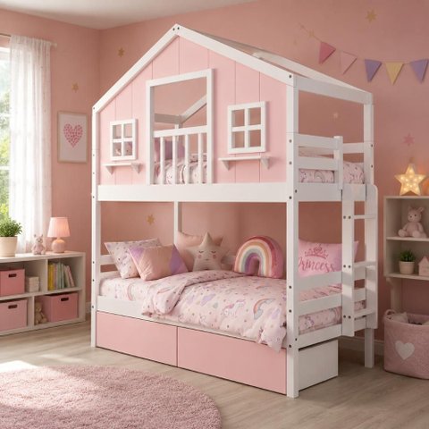 Beliche Infantil Casinha Dos Sonhos com Varanda 02 Gavetas Rosa Madeira Maciça Rosa/ Branco