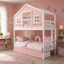 Ver imagem 1 de Beliche Infantil Casinha Dos Sonhos com Varanda 02 Gavetas Rosa Madeira Maciça Rosa/ Branco
