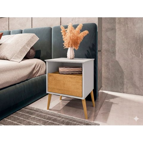 Mesa Cabeceira Cancun Pés Palito Pinus Tampo Chanfrado:Offwhite/Naturale