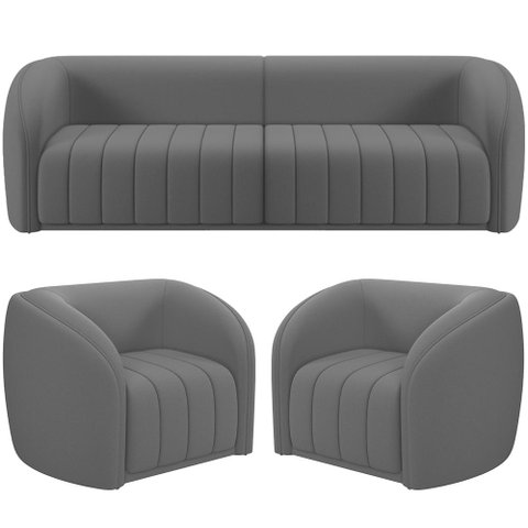 Kit Sofá 5 Lugares para Sala 332cm com 02 Poltronas Lazio M03 Veludo Cinza - Lyam Decor