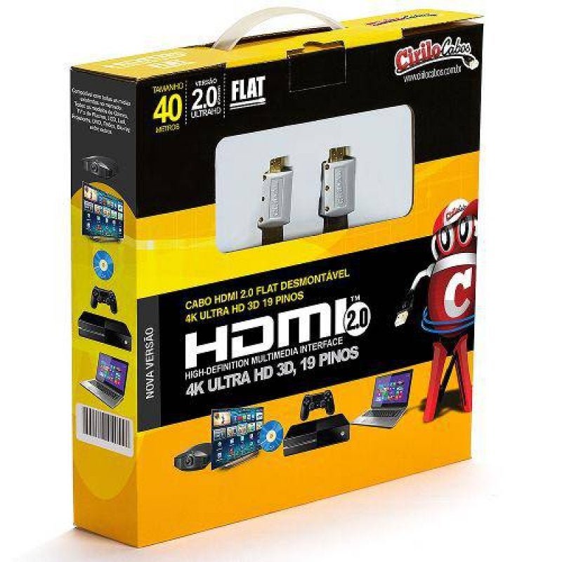 Cabo HDMI 2.0 Flat Desmontável,19 Pinos, 4K, Ultra Hd, 3D - 40 Metros - 2