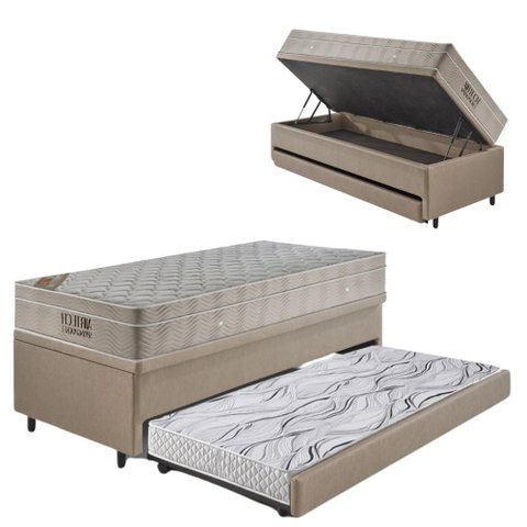 Bicama Box Baú 88x188 Courino Linho Bege com Colchão Airtech Ortobom
