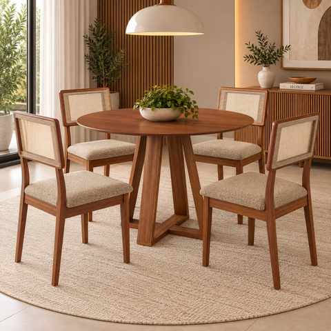 Conjunto Mesa de Jantar Redonda 4 Cadeiras Estofadas Encosto Tela 100% MDF Pinhão/Taupe - Dalla Cost