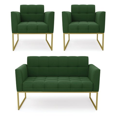 Kit 1 Sofá Namoradeira e 2 Poltronas Elisa Suede Base Metálica Industrial Dourada - D'Rossi Verde