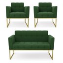 Ver imagem 1 de Kit 1 Sofá Namoradeira e 2 Poltronas Elisa Suede Base Metálica Industrial Dourada - D'Rossi Verde