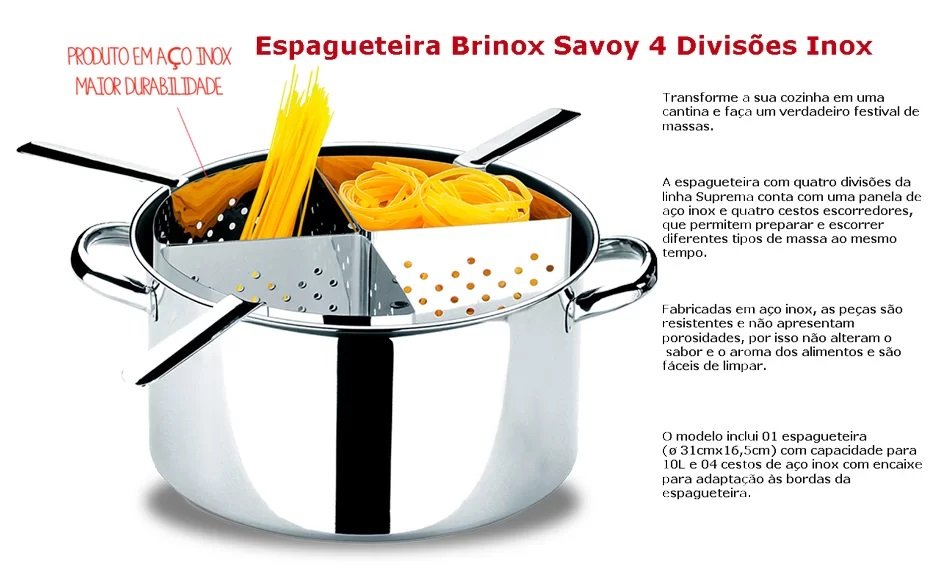 Espagueteira Com 4 Divisões Savoy Inox 10 Litros Brinox - 5